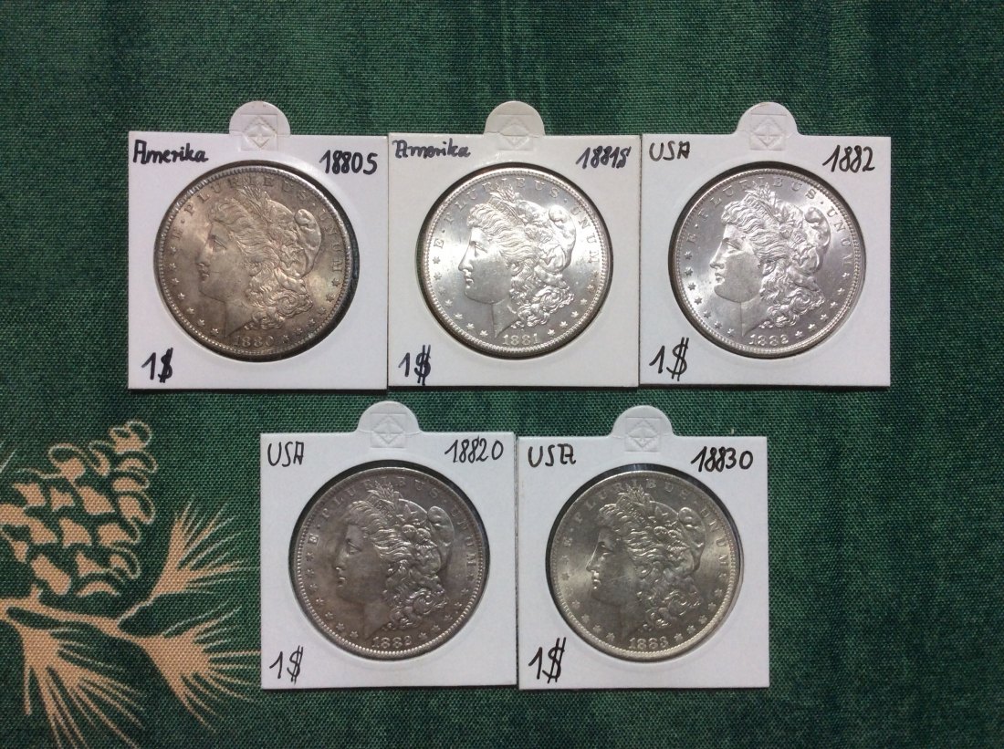 USA Lot Silber Morgan Dollar 1880s, 1881s, 1882, 1882o und 1883o in sehr guter Erhaltung   