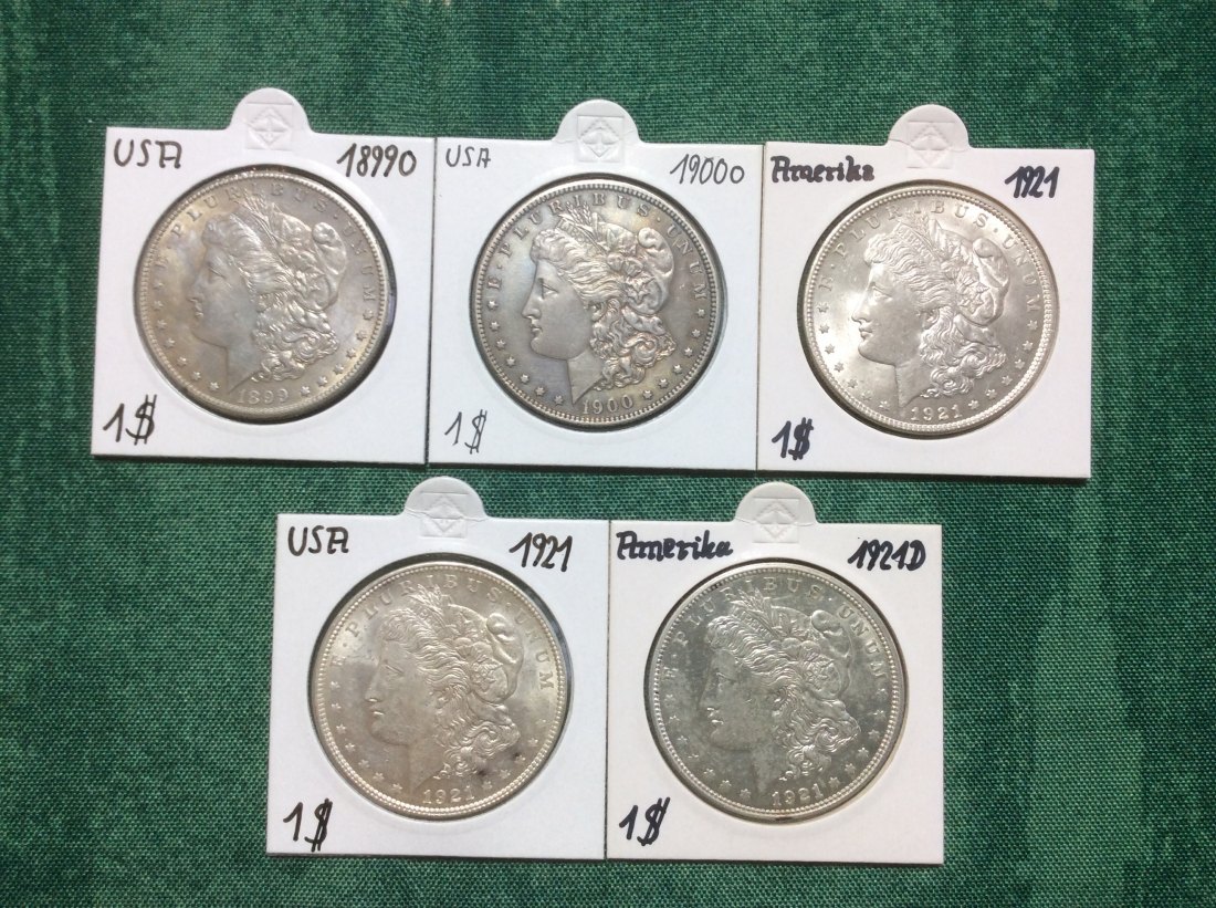  USA Lot Silber Morgan Dollar 1899o, 1900o, 1921, 1921 und 1921d in sehr guter Erhaltung   