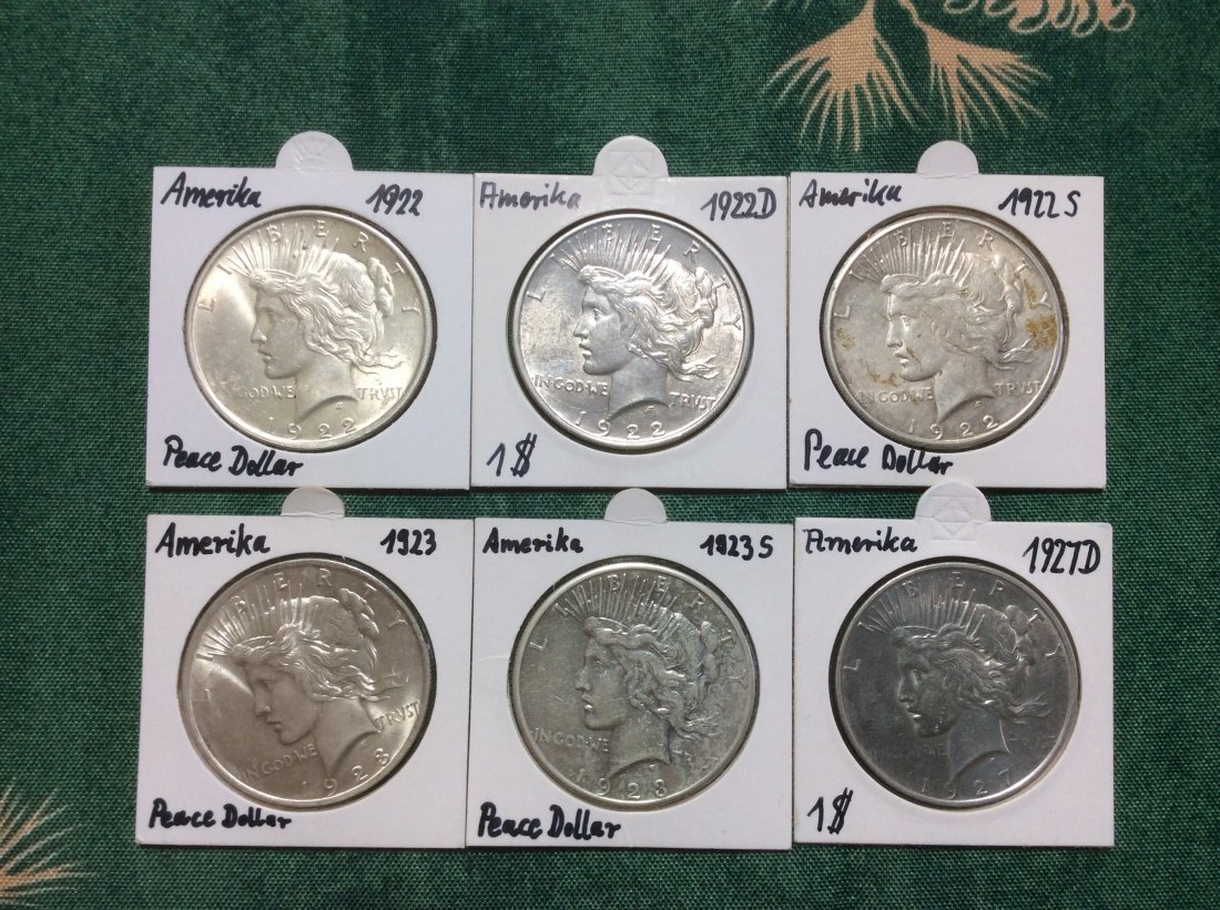  USA Lot Silber Peace Dollar 1922, 1922d, 1922s, 1923, 1923s und 1927d in sehr guter Erhaltung   