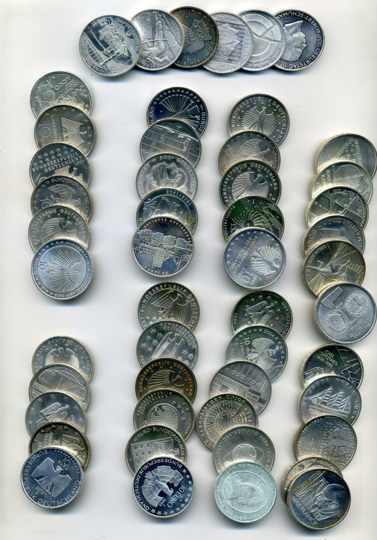  50 x 10 Euro 2002 bis 2010 komplett 832,5 Gramm Feinsilber   