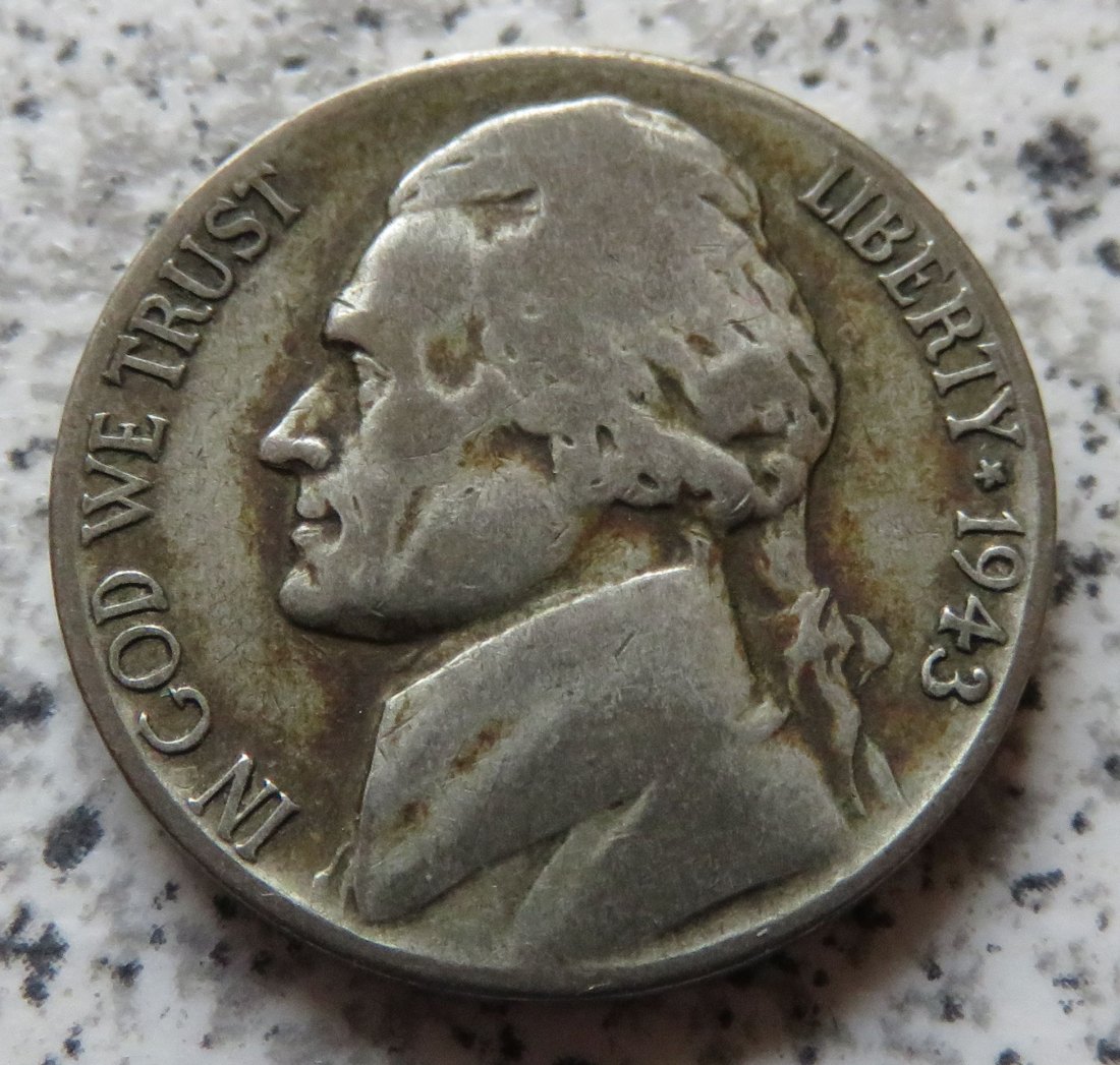  USA Jefferson Nickel, 5 Cents 1943 S, 350-er silber   