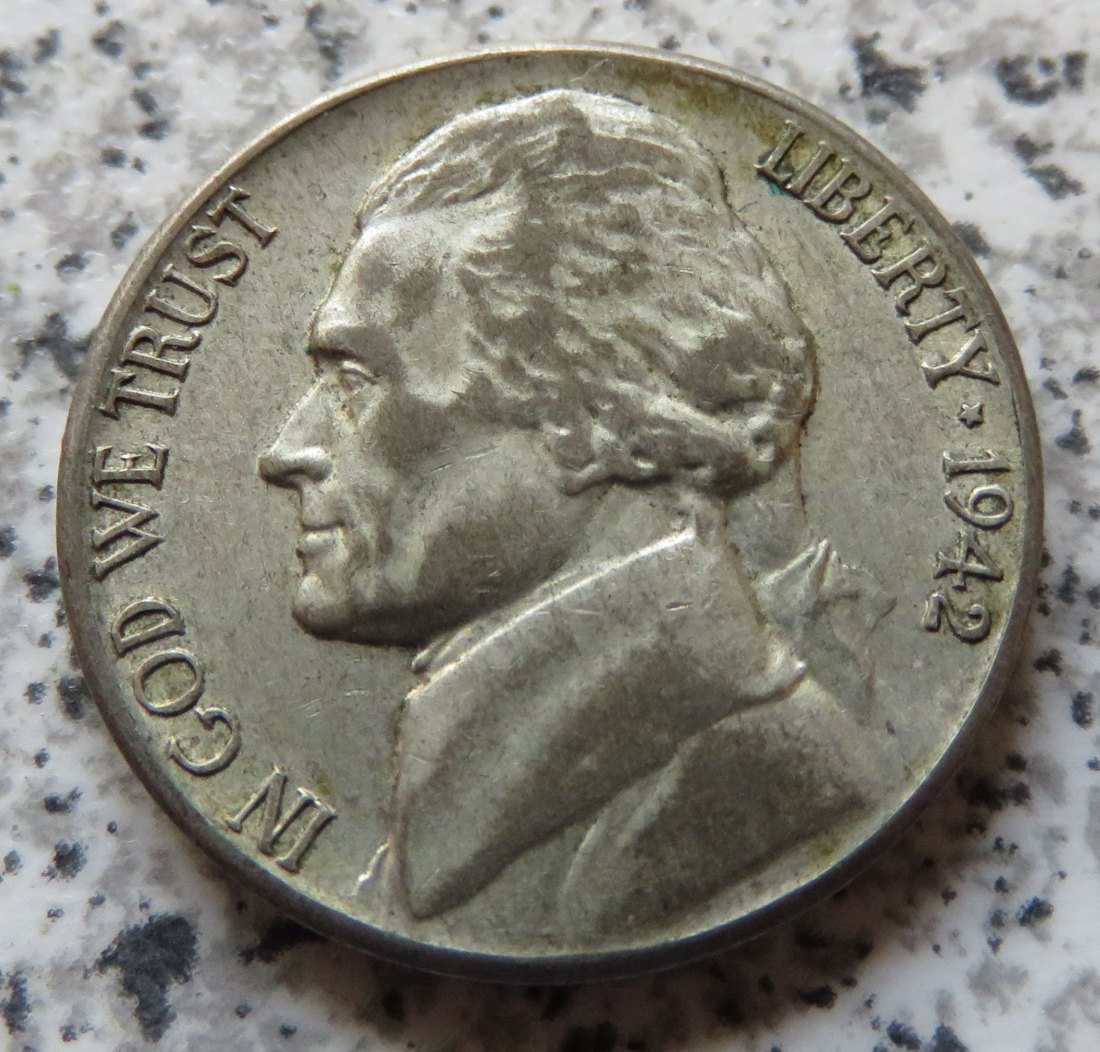  USA Jefferson Nickel, 5 Cents 1942 S, 350-er Silber   