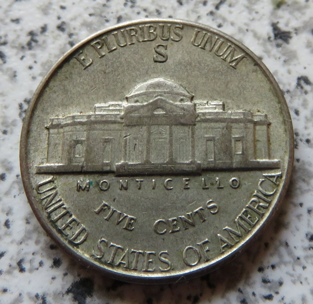  USA Jefferson Nickel, 5 Cents 1942 S, 350-er Silber   