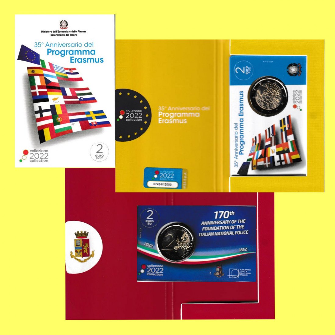  2x 2-Euro-Sondermünze Italien *170 J. Staatspolizei + 35 J. Erasmus* 2022 nur 12.000St!   