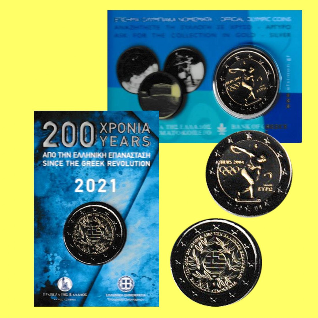  2x2-Euro-SM Griechenl. *Griechische Revolution* 2021 + 2-€-SM Olyp. Sommerspiele 2004   