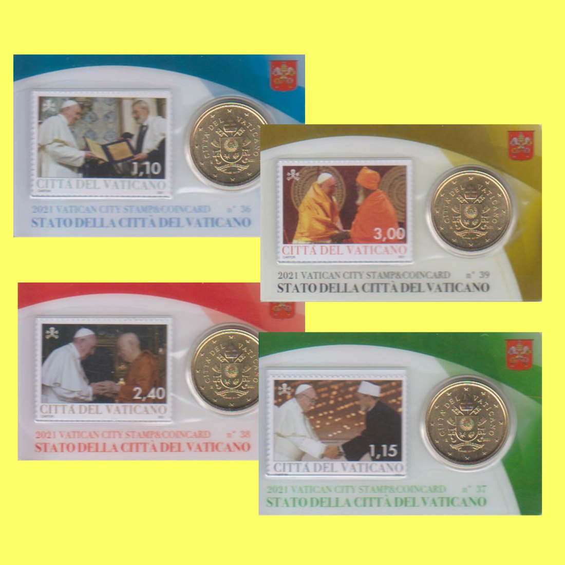  Offiz 4x Coincard mit Briefm. 1,10-€ bis 3,00-€ Vatikan alle Ausg. aus 2021 nur 15.000St!   