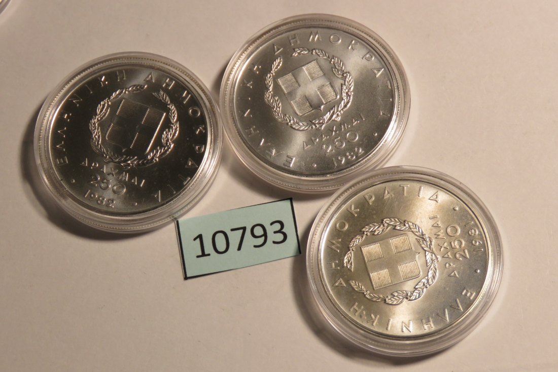  10793 Griechenland 1982 - 3 x 250 Drachmen - 43,32 g SILBER 0.925   
