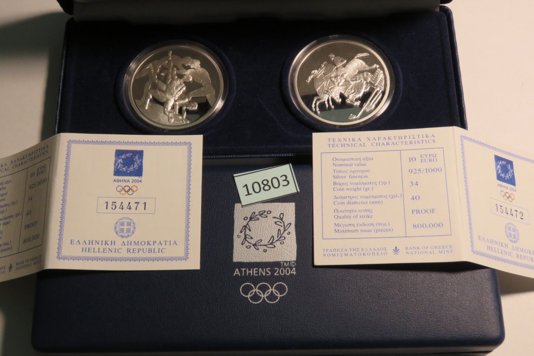  10803 Griechenland 2004 - 2 x 10 EURO - 68,0 g SILBER 0.925 mit Schatulle + Zertifikat   