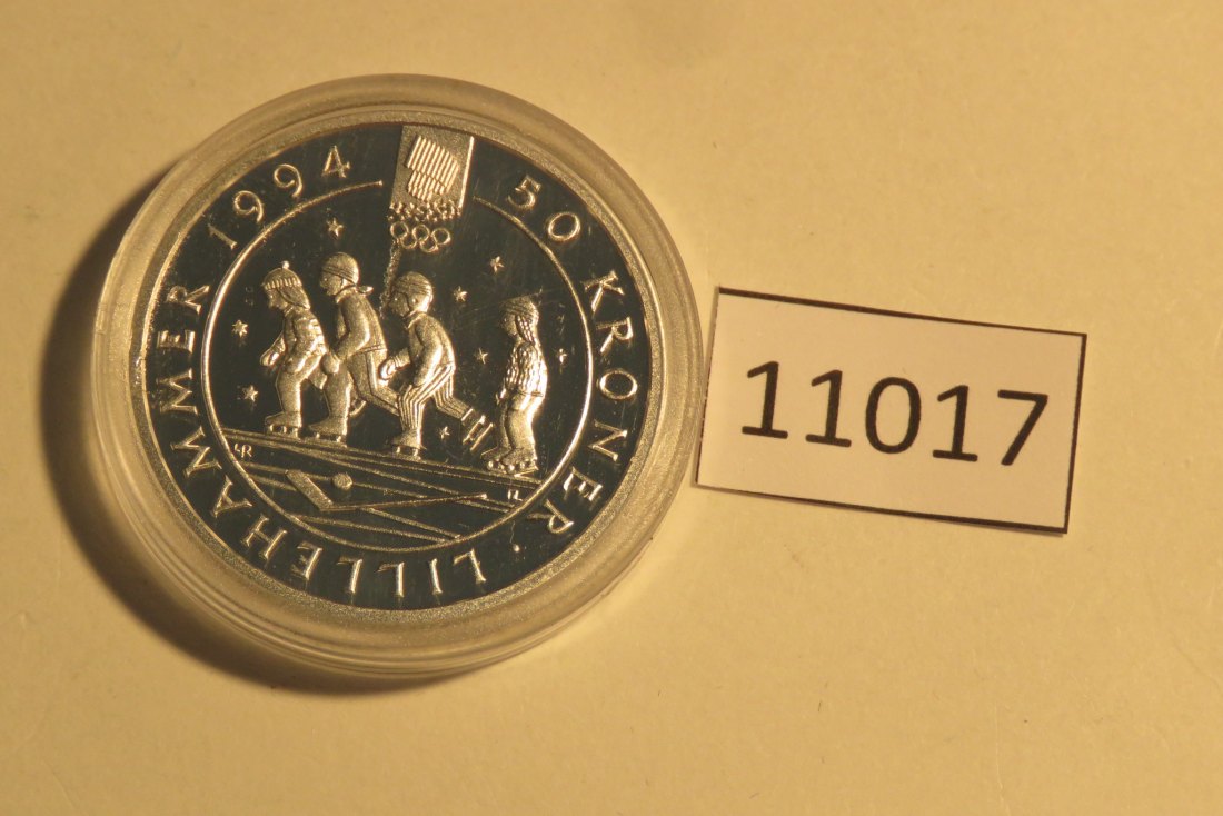 11017 Norwegen 1993 - 50 Kronen - OLYMPIA Kinder mit Schlittschuh - 16,81 g SILBER 0.925