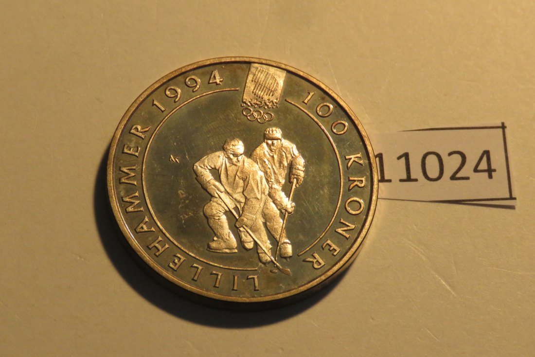 11024 Norwegen 1992 - 100 Kronen - OLYMPIA Eishockey - 33,62 g SILBER 0.925
