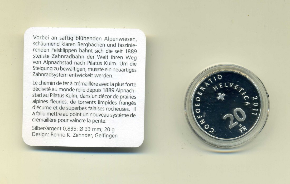  20 Franken 2011 PP Pilatus Bahn in Original Schachtel mit Zertifikat   