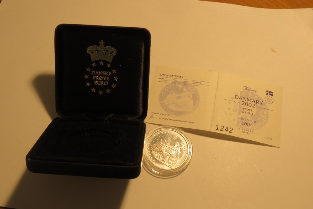  11053 Dänemark 2002 - 5 Euro Probe - 34,5 g SILBER 0.925 proof - Schatulle + Zertifikat   