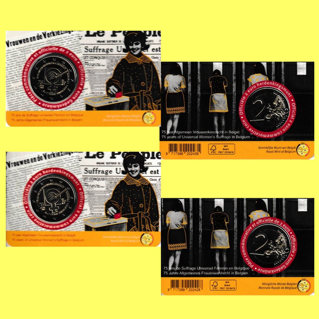  Offiz Coincard 2x 2-Euro-Sondermünze Belgien *75 Jahre Frauenwahlrecht* 2023 Ausgabe NL + F   