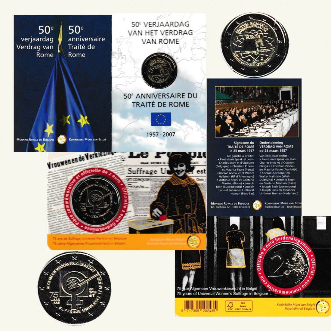  Coincard 2 x 2-€-Sondermünze Belgien *75 Jahre Frauenwahlrecht* 2023 + *Römische Verträge* 2007   