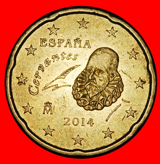  Ⰿ NORDISCHES GOLD (2010-2025): SPANIEN ★ 20 EUROCENT 2014 Cervantes (1547-1616) VZGL★OHNE VORBEHALT!   
