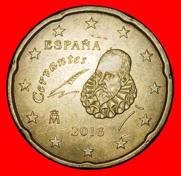 Ⰿ NORDISCHES GOLD (2010-2023): SPANIEN ★ 20 EUROCENT 2016 Cervantes (1547-1616) VZGL★OHNE VORBEHALT!
