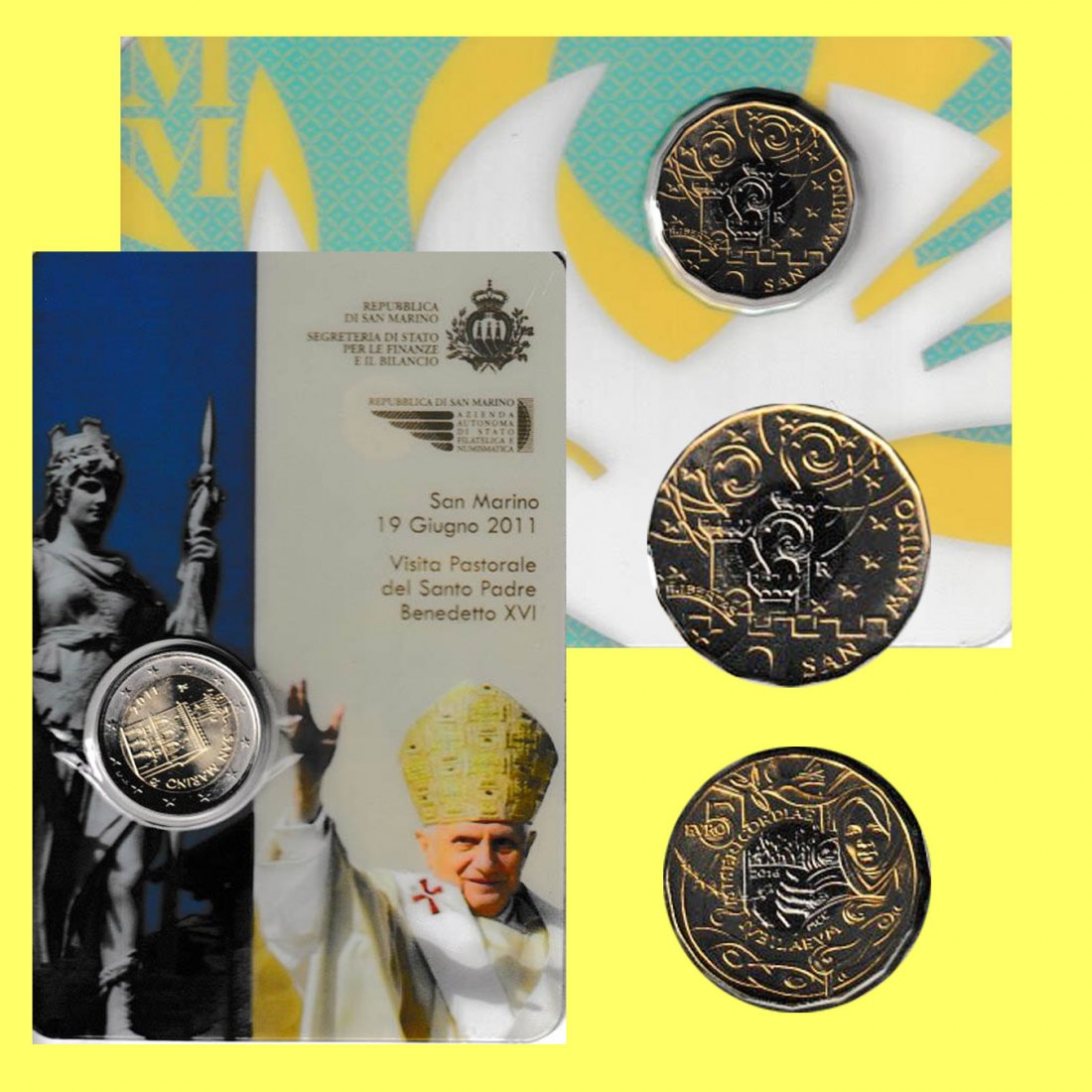  Offiz 2 x Coincard San Marino 5 € Barmherzigkeit 2016 + 2 € Papst Benedikt XVI. 2011 nur 30.000St!   
