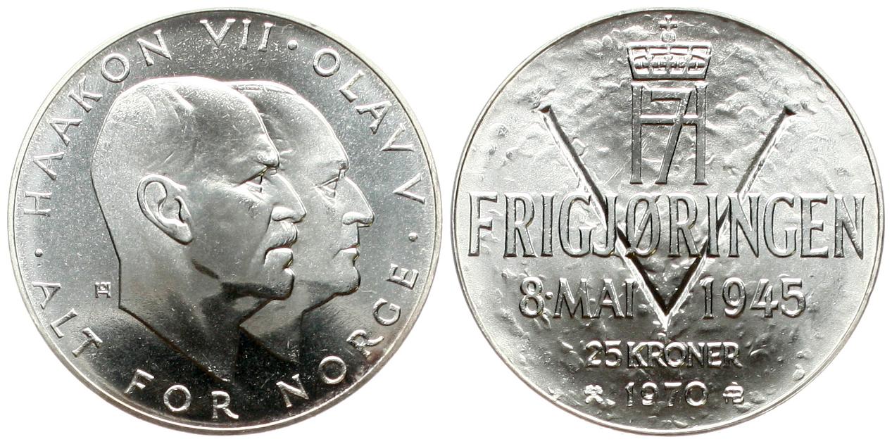  Norwegen: Olav V., 25 Kroner 1970, 29,00 gr. 875er Silber 25,37 fein, 25 jähriges Regierungsjubiläum   