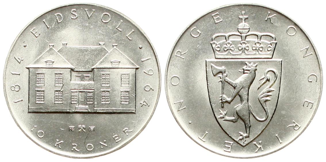  Norwegen: Olav V., 10 Kroner 1964 auf das 150. jährige Jubiläum des Grundgesetzes, näheres unten!   