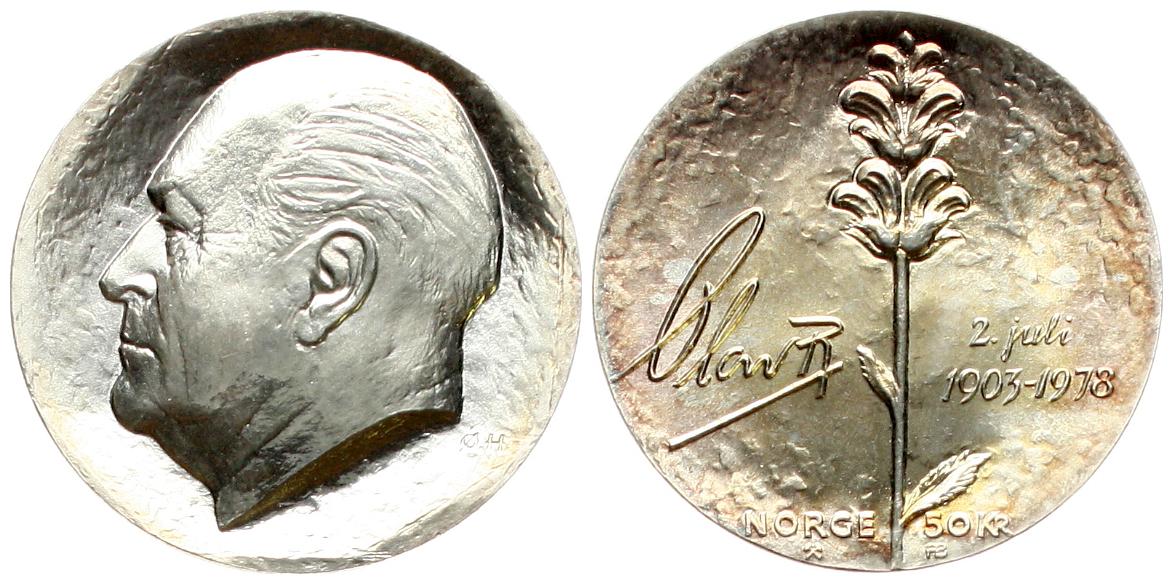 Norwegen: Olav V., 50 Kroner 1978, 27,3 gr. 925er Silber, 24,97 fein, 75. Geburtstag, schöne Patina!   
