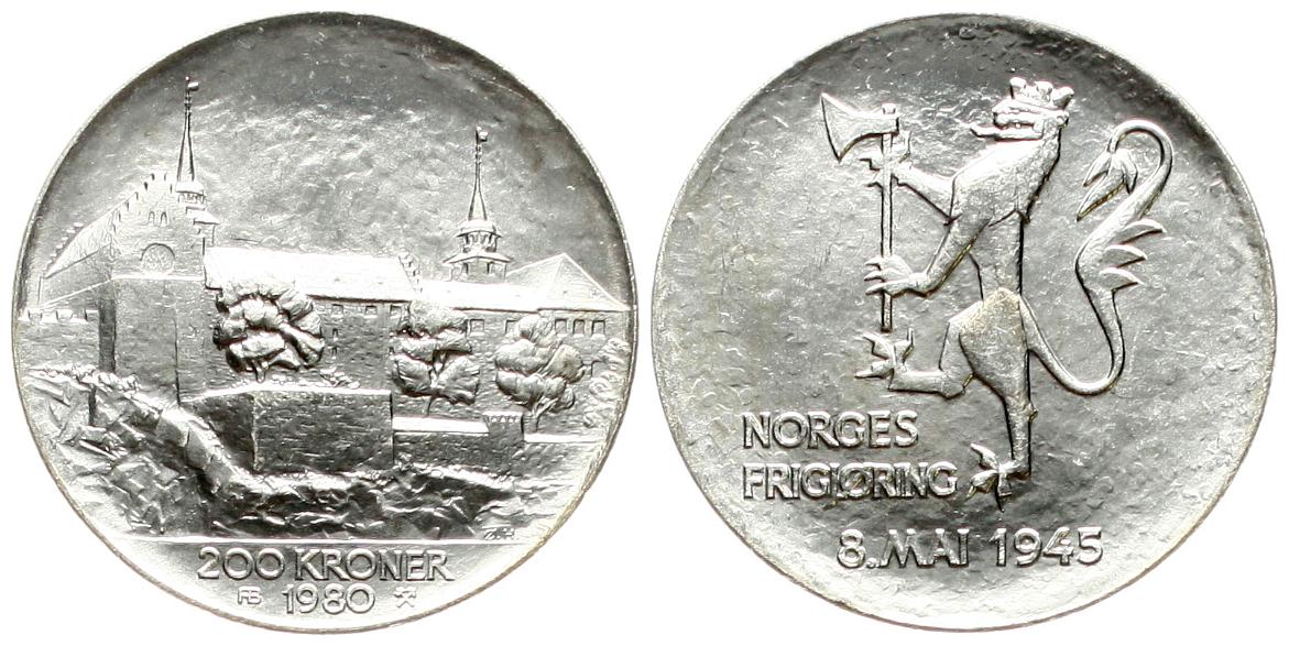  Norwegen: Olav V. 200 Kroner 1980, 35 Jahre Kriegsende, 27,30 gr. 625er Silber (17,08 fein)   