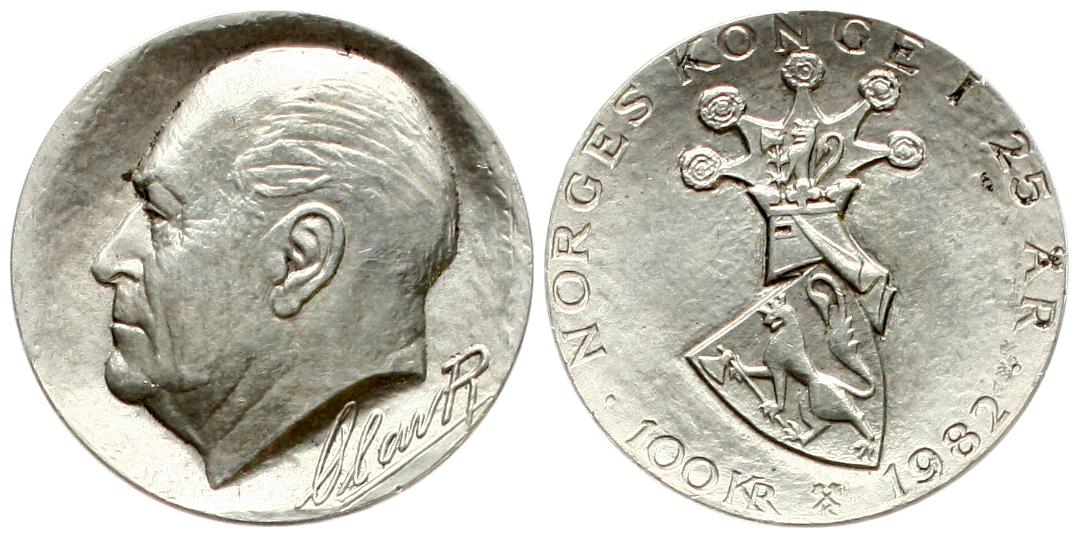  Norwegen: Olav V., 100 Kroner 1982, 25,73 gr. 925er Silber, 22,88 fein, 25. Regierungsjubiläum   
