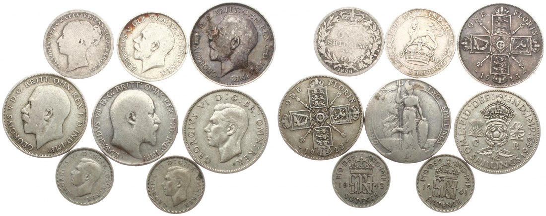  Großbritannien: Wertvolles Silberlot von 8 Münzen (ab 1886), 61 gr Brutto, 49,3 Gramm reines Silber!   
