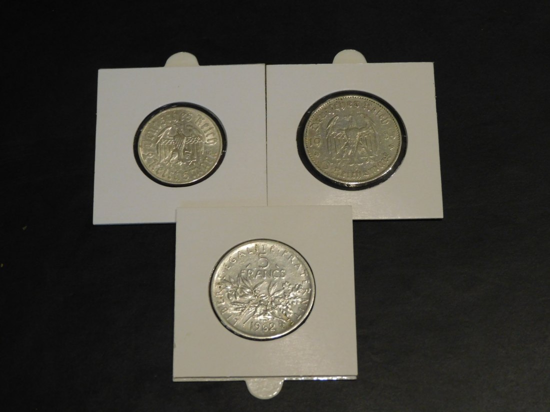  GERMANY 2 MARK 1933 E-5 MARK 1934 D-FRANCE 5 FRANCS 1962.GRADE-PLEASE SEE PHOTOS.   