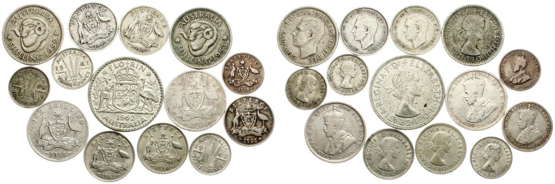  Australien: Wertvolles Silberlot von 14 Silbermünzen ab 1916, 53 gr. Brutto, 26,5 gr. Feinsilber!   
