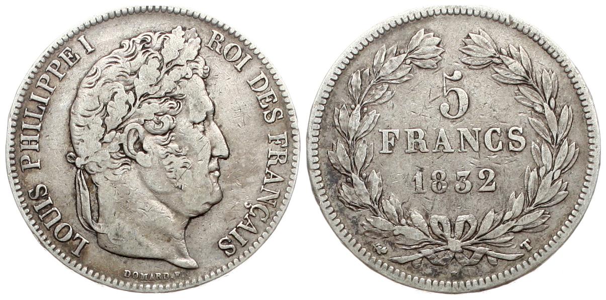  Frankreich: 5 Franc 1832 T, Louis Philippe I., siehe unten!   