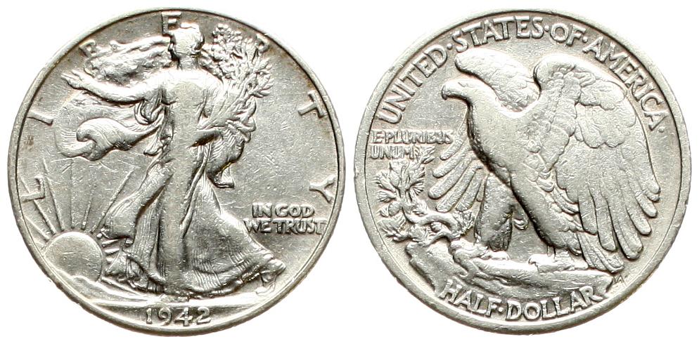  USA: Half Dollar 1942, Walking Liberty, 12,5 gr. 900er Silber, 11,25 fein! ERHALTUNG, siehe Bilder!   