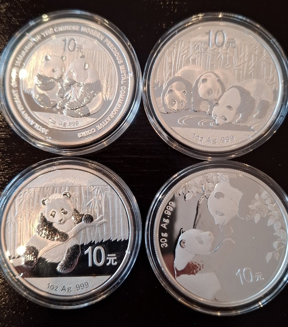  Konvolut 4 x China Panda Silber: 2009, 2013, 2014 und 2023   