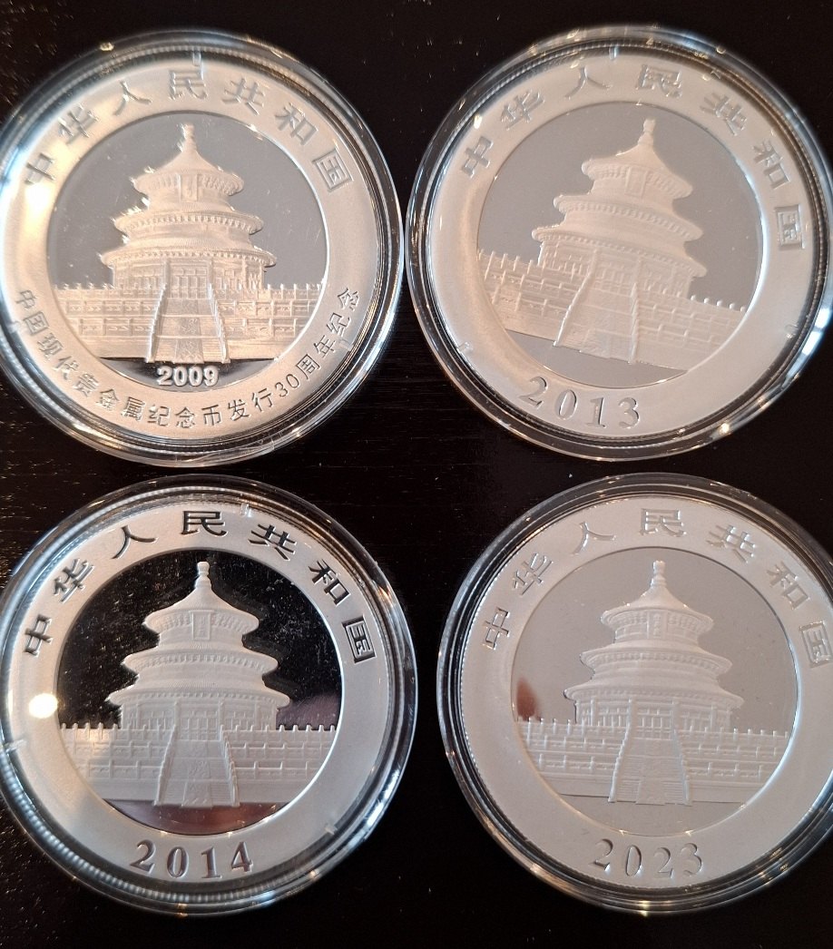  Konvolut 4 x China Panda Silber: 2009, 2013, 2014 und 2023   