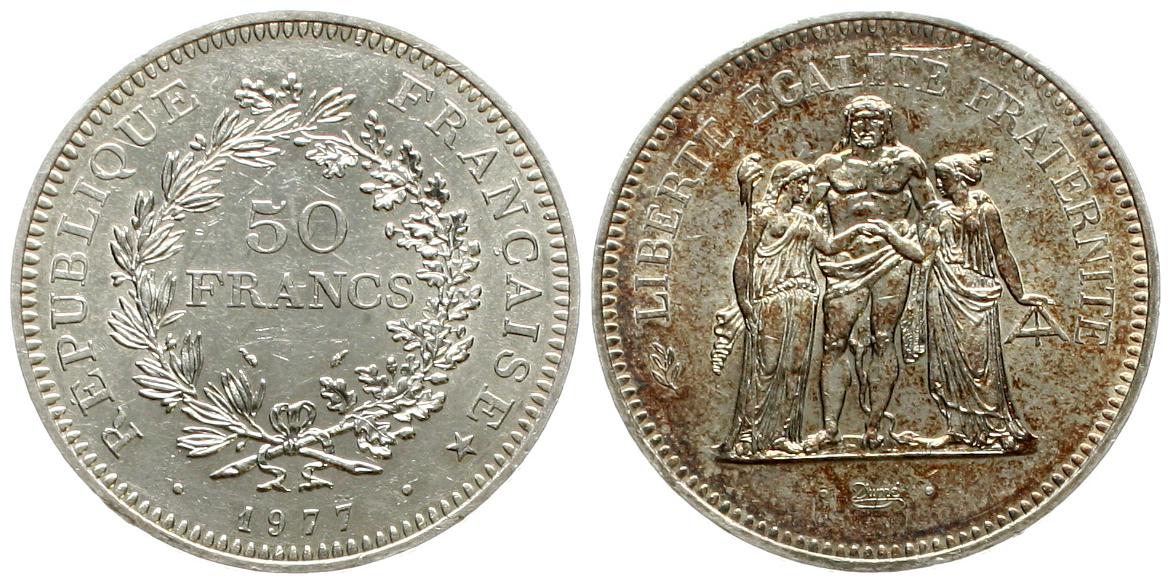  Frankreich: 50 Francs 1977, Silber, Herkulesgruppe, näheres unten!   