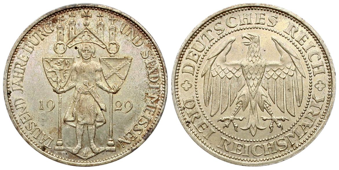  Weimarer Republik: 3 Mark 1929, Stadt und Burg Meissen, 1000 Jahre! TOP-Erhaltung, schöne Patina!   