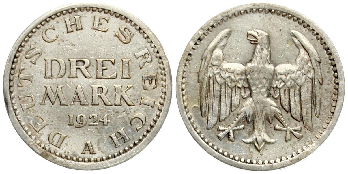  Weimarer Republik: 3 Mark 1924 A, Kursmünze, schöne Patina!   