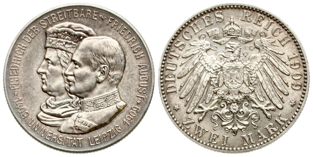  Sachsen: Friedrich August III, 2 Mark 1909 E, 500 Jahre Universität Leipzig, fstgl   