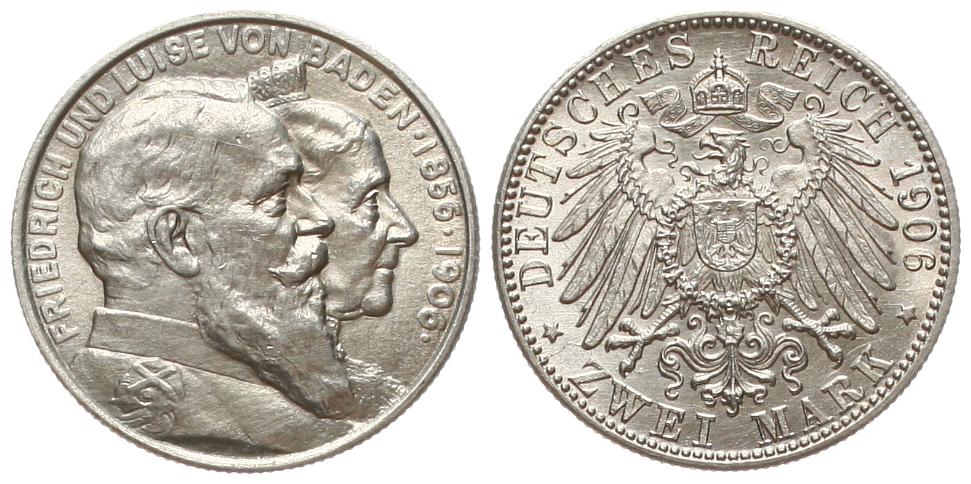  Baden: Friedrich, 2 Mark 1906 auf die Goldene Hochzeit, TOP-Erhaltung!   