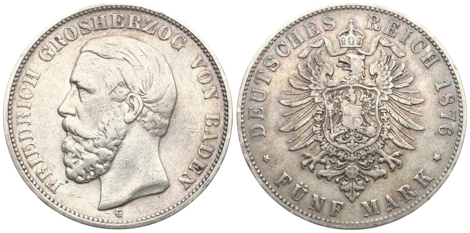  Baden: Friedrich, 5 Mark 1876 G, näheres unten!   