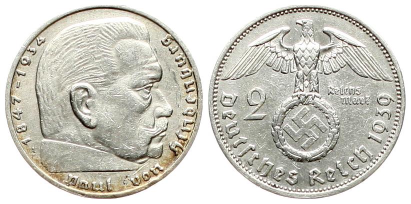  Deutsches Reich: 2 Mark 1939 A, Silber, Hindenburg,   