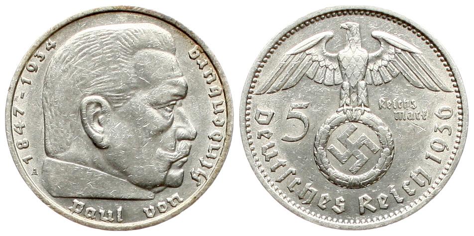  Deutsches Reich: 5 Mark 1936 A, Silber, Hindenburg, mit Hakenkreuz   