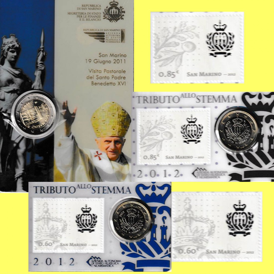  3xCoinc. San Marino 1€ 0,60 Briefm + 1€ 0,85 Briefm 2012 + 2€ Papst Benedikt XVI. 2011 nur 5.000S   