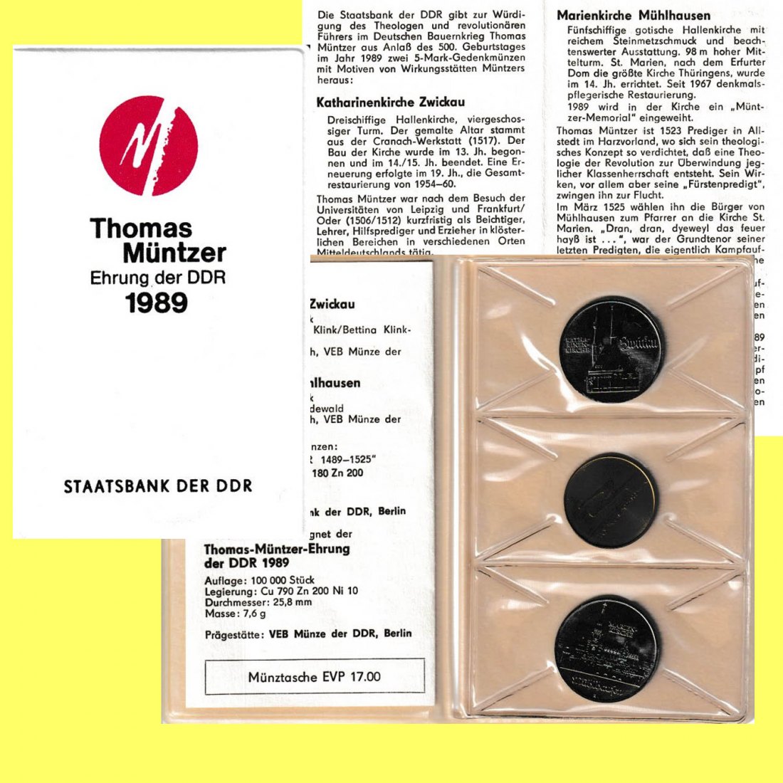 Offiz. Folder DDR mit 2 x 5-Mark-Gedenkmünzen *Thomas Müntzer* 1989   