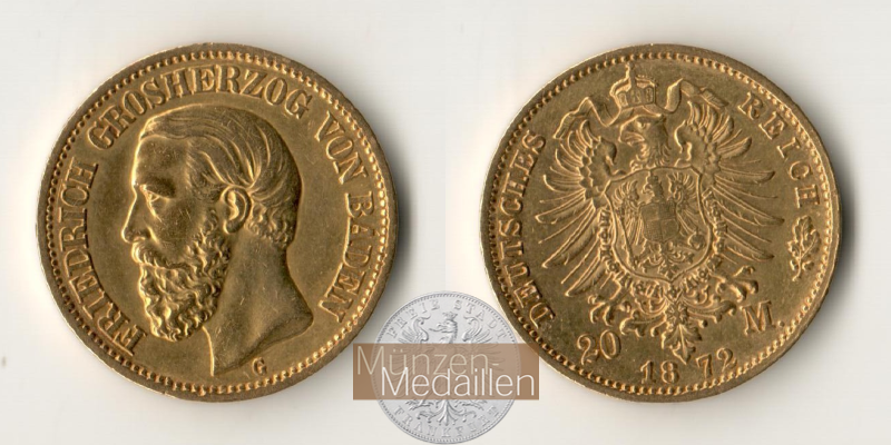 Baden  20 Mark MM-Frankfurt Feingold:  7,17g Friedrich I. 1852 - 1907 1872 G 