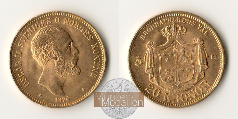  Schweden 20 Kronor 1874 MM-Frankfurt Feingold: 8,06g   