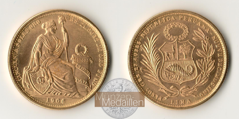 Peru MM-Frankfurt Feingewicht: 21,069g Gold 50 Soles 1966 