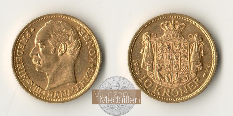 Dänemark, Frederik VIII. (1906-1912) MM-Frankfurt Feingold: 4,03g 10 Kroner 1909 VBP 