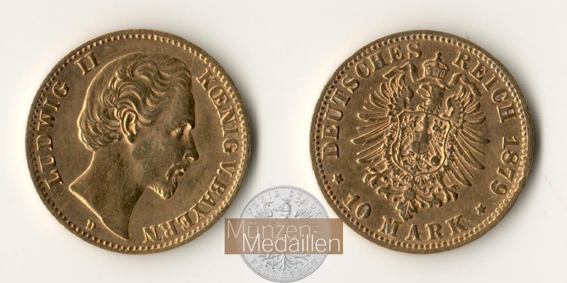Bayern, Königreich MM-Frankfurt Feingewicht: 3,58g Gold 10 Mark 1879 D 