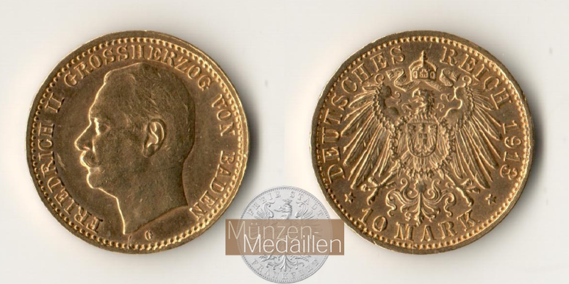 Dt. Kaiserreich, Baden 10 Mark MM-Frankfurt  Feingold: 3,59g Friedrich II. 1907-1918 1913 G 