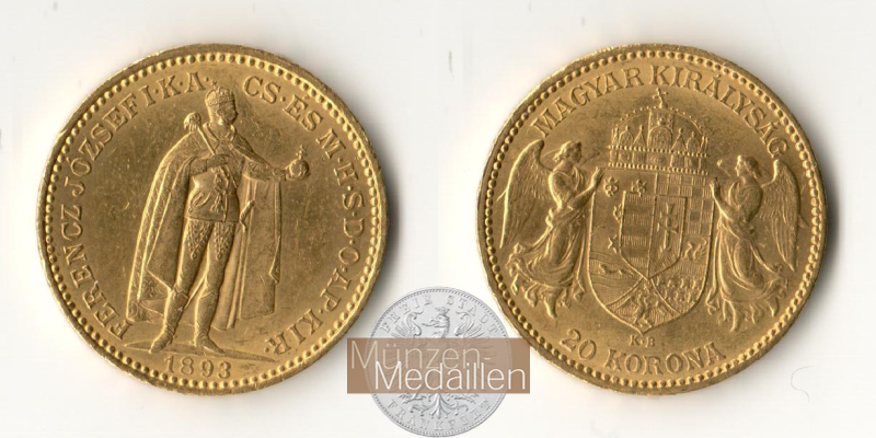 Ungarn, Franz Joseph I (1848-1916) MM-Frankfurt Feingewicht: 6,102g 20 Korona 1893 